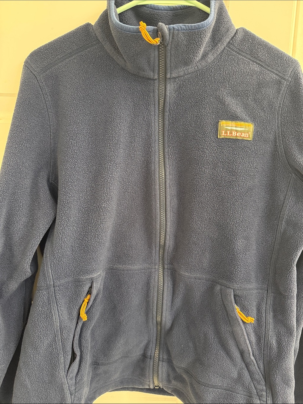 L.L. Bean  women’s Full-Zip Fleece Jacket in navy blue yellow accents